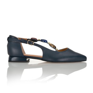 3043 Granatowe skórzane baleriny damskie z ozdobnym paskiem – komfort i elegancja | KORDEL
