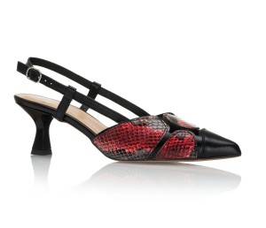 3042 Czarno - czerwone skórzane czółenka damskie z odkrytą piętą – elegancja i styl | KORDEL