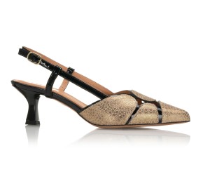 3042 złoto czarne  skórzane czółenka damskie z odkrytą piętą – elegancja i styl | KORDEL